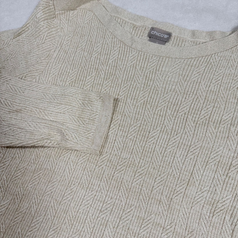 Chicos Metallic Gold Shimmer Cable Knit Sweater Boat Neck Beige Tan Size 2 Large
